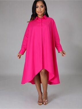Like Love High-Low Pink Long Sleeve Shirt Dress 1X Cotton